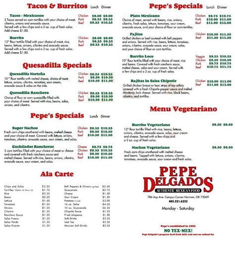 Menu at Pepe Delgados restaurant, Norman