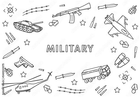 Military doodle icons. Vector illustration of a set of military ...