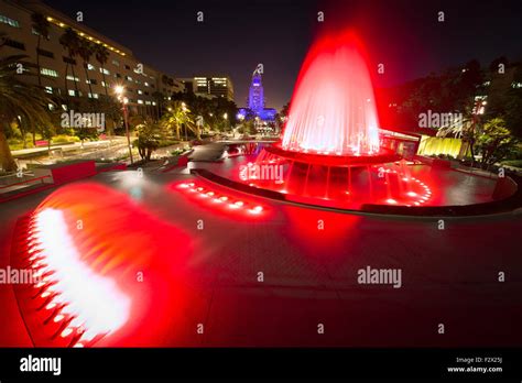 Los Angeles City Hall as seen from the Grand Park at night, Los Angeles ...