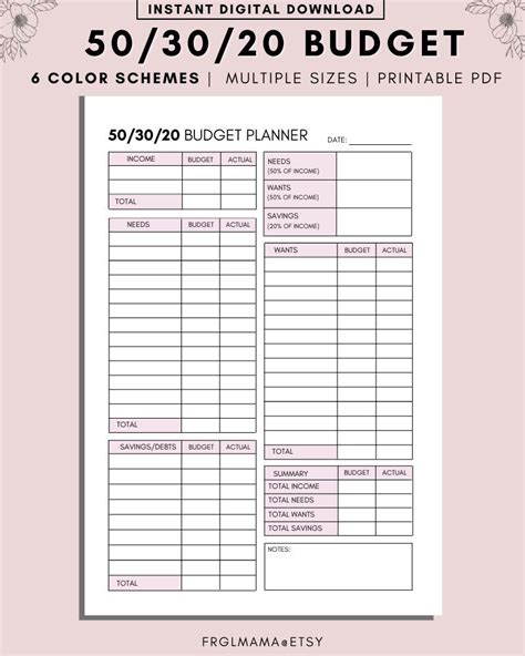 50/30/20 Budget Overview Template Printable Monthly Budget - Etsy Canada