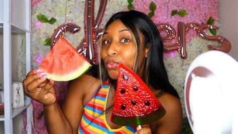 [ASMR] Watermelon Eating & Watermelon Gummy Lollipop 🍉🍭 🍴 - YouTube