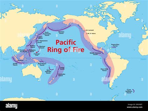 Pacific Ring of Fire, map with oceanic trenches. Also known as Rim of ...