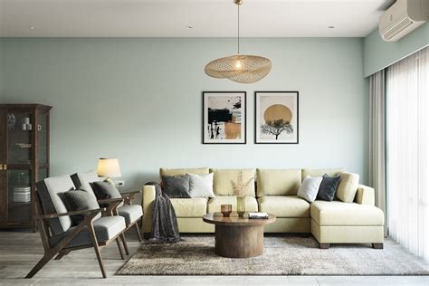 Living Room Design With A Yellow L-Shaped Sofa | Livspace