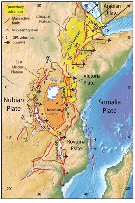 The East African Rift system, with major fault systems, seismicity (M ...