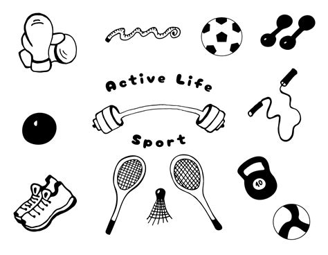 Set of sports and active lifestyle drawn by hand. Black line elements ...