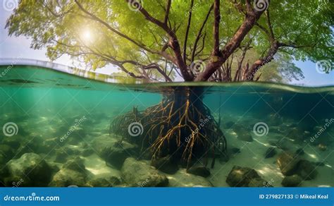 Underwater Photograph of a Tropical Mangrove Trees Roots, Above and ...