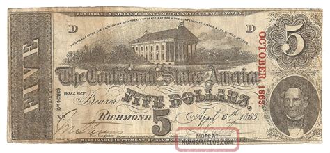 1863 $5 Dollar Bill Confederate Currency Note Civil War Era Paper Money ...