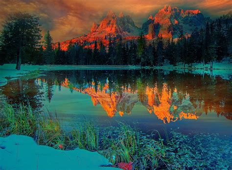 sunset, Nature, Landscape, Lake, Mountain, Forest, Snow, Clouds, Winter ...