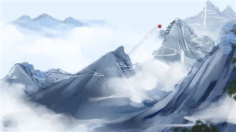 Mountain Cloud Landscape Hand Drawn Illustration, Mountain, Cloud ...