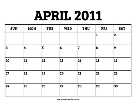 Calendar April 2011 – Printable Old Calendars