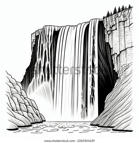 Waterfall Landscape Black White Illustration Coloring Stock ...