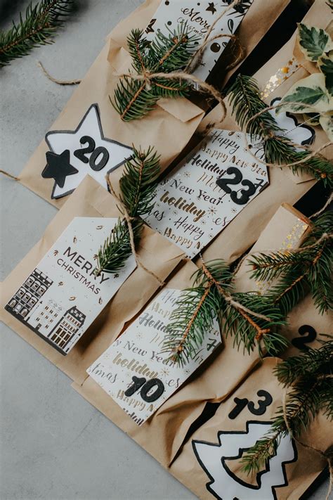 A bunch of brown paper bags with christmas decorations on them photo ...