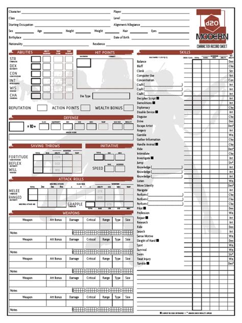 D20 Modern Character Sheet | D20 System | Tabletop Games