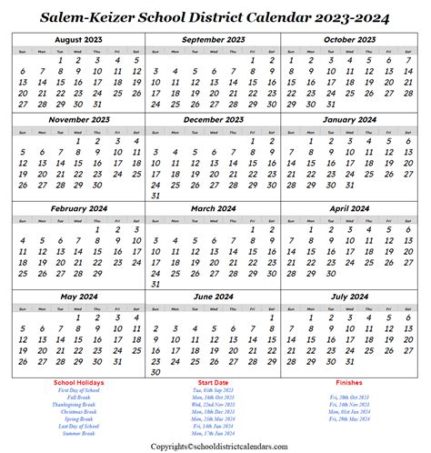 Salem Keizer School District 2023-2024 Calendar With Holiday