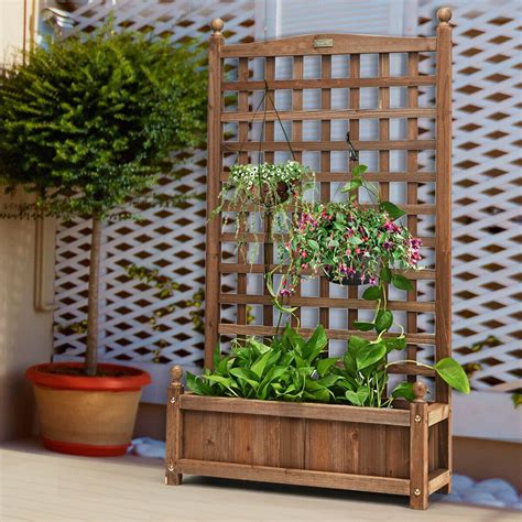 Solid Free Standing Wood Planter Box with Trellis for Garden - Costway ...