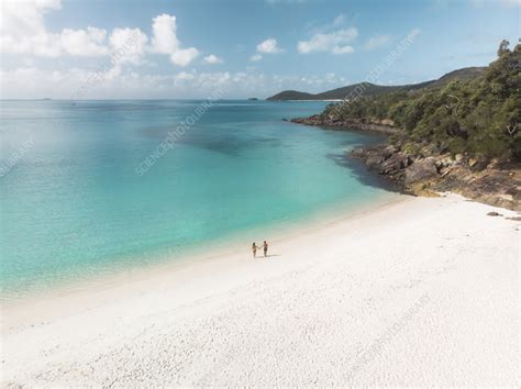 Aerial view of a couple on South Whitehaven beach, Australia - Stock ...