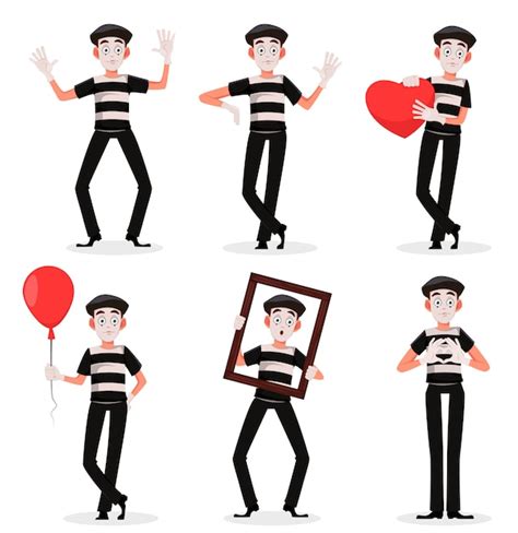 Premium Vector | Mime cartoon character performing pantomime set