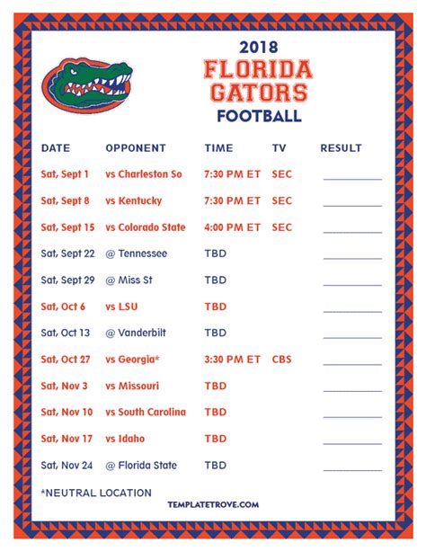 Printable 2018 Florida Gators Football Schedule