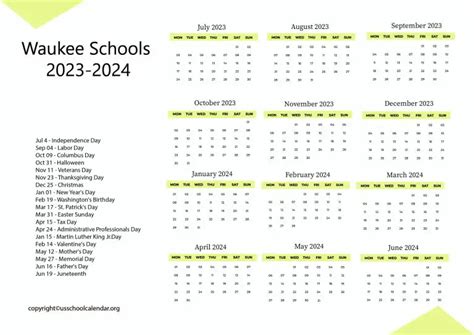 Waukee Schools Calendar with Holidays 2023-2024