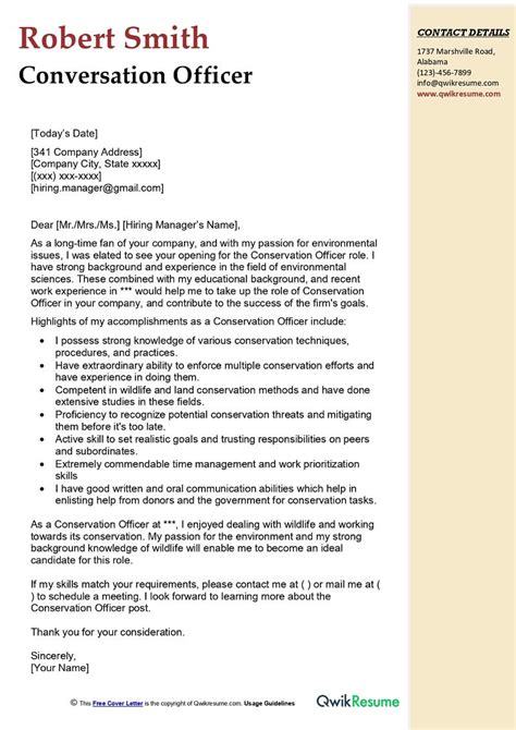 Conservation Officer Cover Letter Examples - QwikResume