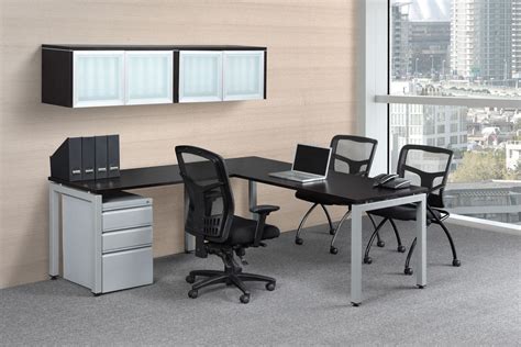 Contemporary L Shaped Desk with Overhead Storage | Madison Liquidators