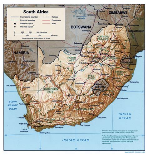 Large detailed political map of South Africa with relief, roads and ...