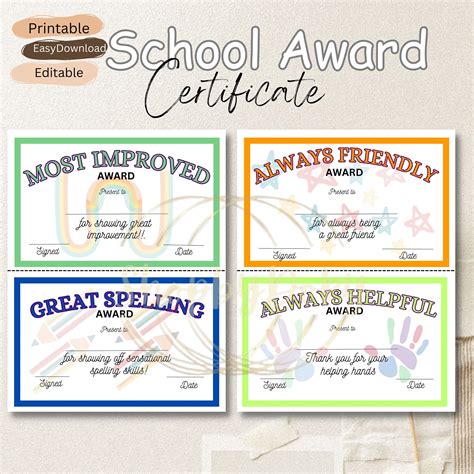 10 Award Editable Kids Year School Certificate. Editable and Printable ...