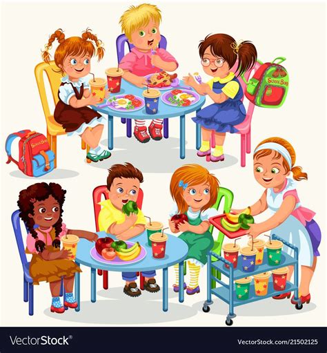 Schoolchildren having lunch Royalty Free Vector Image | Royalty free ...