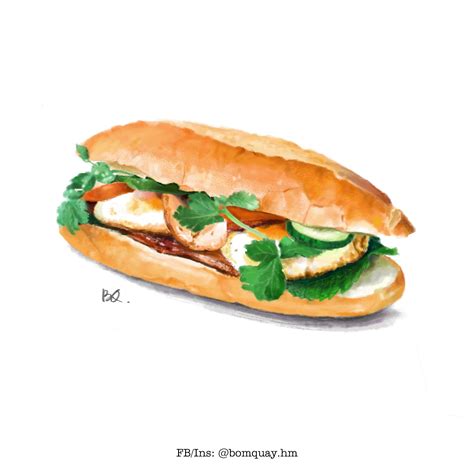 BÁNH MÌ ỐP LA (Painting by Bomquay) | Ethnic recipes, Food, Food painting