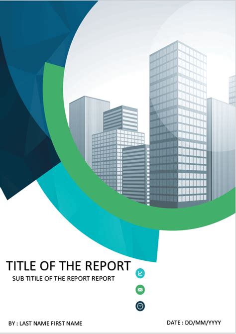 a cityscape with green and blue shapes on the cover of a report book