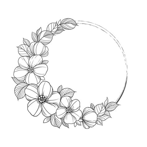 Flower frame outline double round. Floral circle border botanical line ...