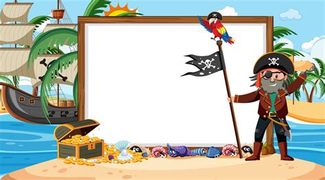 Empty banner template with captain pirate at the beach sunset scene ...