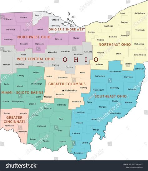 Ohio State Regions Map Counties Colored Stock Vector (Royalty Free ...