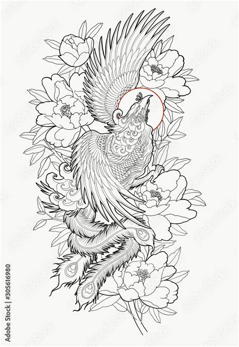 Hand drawn phoenix and flower outline tattoo design. Stock Illustration ...