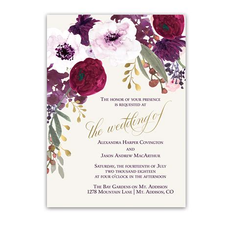 Floral Wedding Invitations Bohemian Purple Wine Flowers