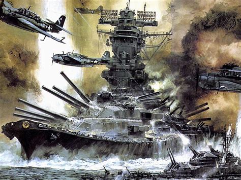 Battleship and war planes painting, World War II, Yamato, battleships ...