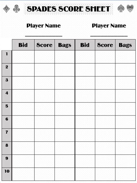 Spades Score Card Spades Scoresheet Spades Score Pads Printable File ...