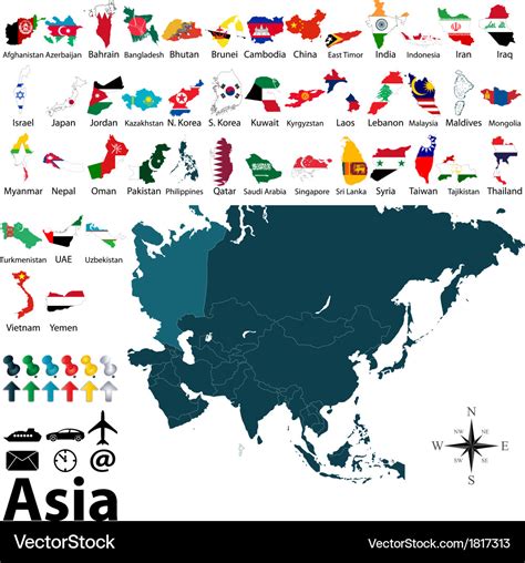 Maps with flags of asia Royalty Free Vector Image