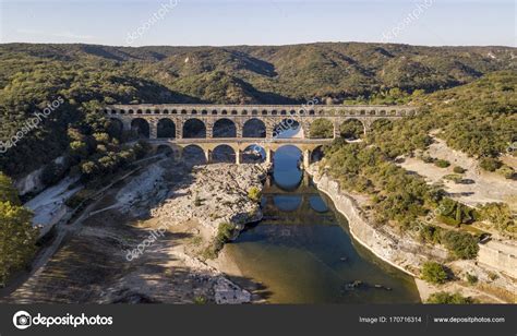 Aerial view of Pont du Gard, an ancient Roman aqueduct that crosses the Gardon River in southern ...