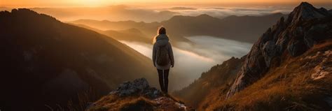 Premium AI Image | A woman stands on a mountain top looking at the sunrise