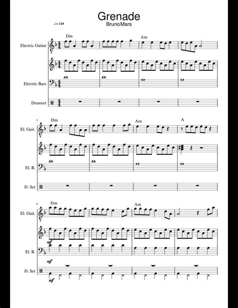 Grenade Bruno Mars 1 sheet music for Piano, Guitar, Bass, Percussion ...