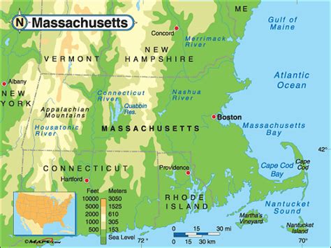 Massachusetts Rivers Lakes Mountains and Elevations Map - Massachusetts ...