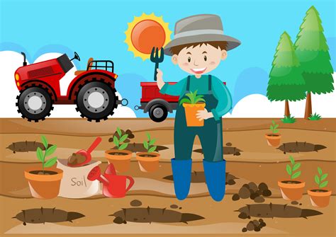 Farm scene farmer planting tree in the field 413601 Vector Art at Vecteezy