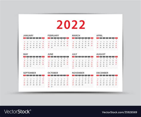 2022 yearly calendar - 12 months yearly calendar Vector Image