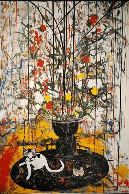 Premium AI Image | A painting of a cat and flowers on a table.