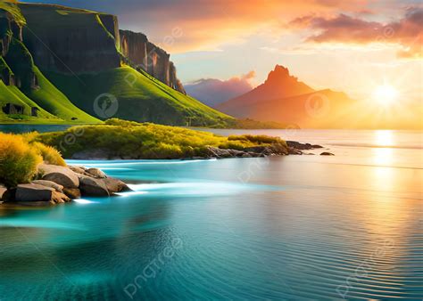 Beautiful Ocean Green Mountains Sunset Nature Wallpaper Background Ai ...