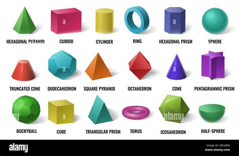 Realistic 3D color basic shapes. Solid colored geometric forms ...