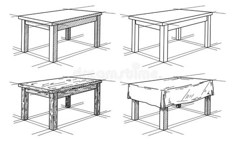 Realistic Sketch of Different Tables in Perspective. Table Set Stock ...