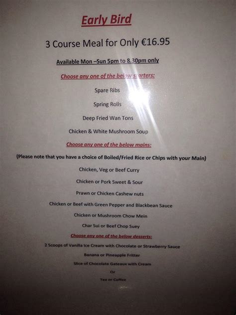 Menu at Jasmine Chinese Restaurant, Midleton