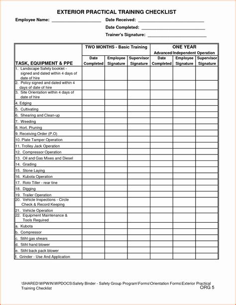 Training Checklist Template Excel - Printable Word Searches